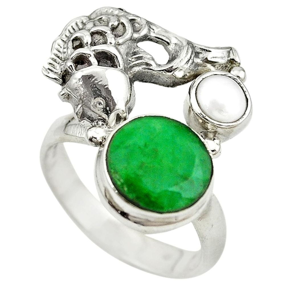 Natural green emerald pearl 925 sterling silver fish ring size 7 m13379