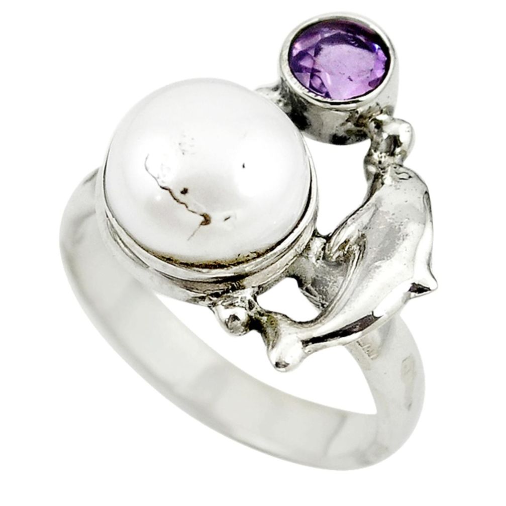 Natural white pearl purple amethyst 925 silver dolphin ring size 7.5 m13383
