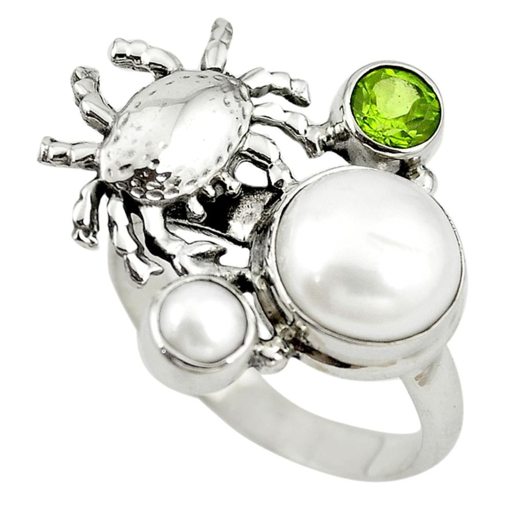 925 sterling silver natural white pearl peridot crab ring jewelry size 9 m13388