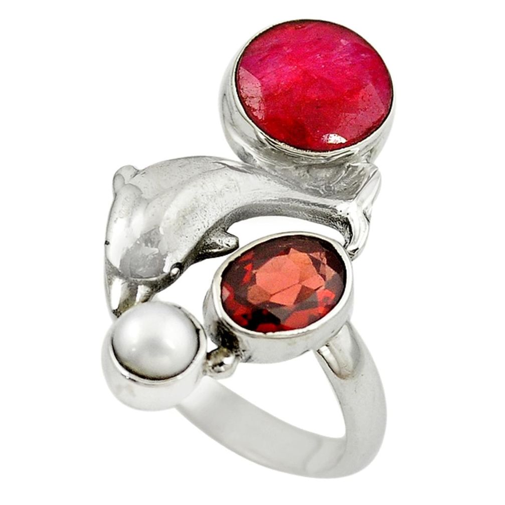Natural red ruby garnet 925 sterling silver dolphin ring size 7.5 m13395
