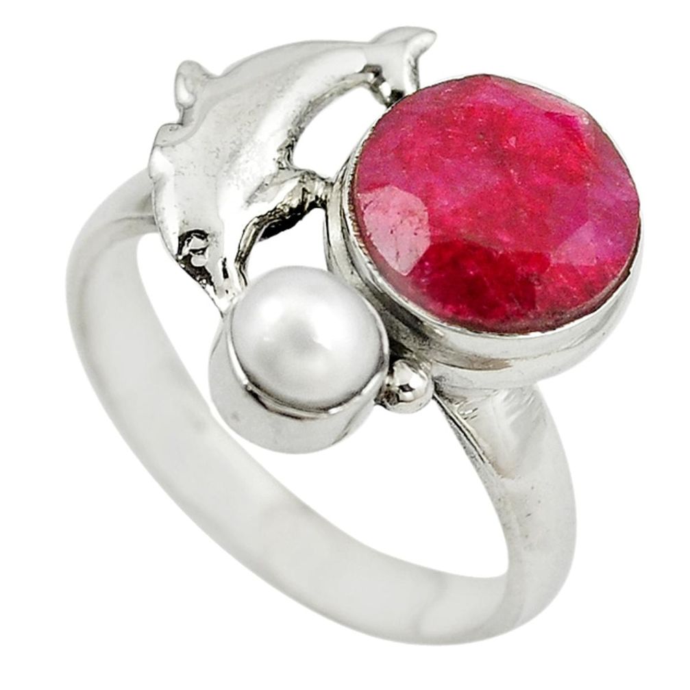 925 sterling silver natural red ruby white pearl dolphin ring size 9 m13400