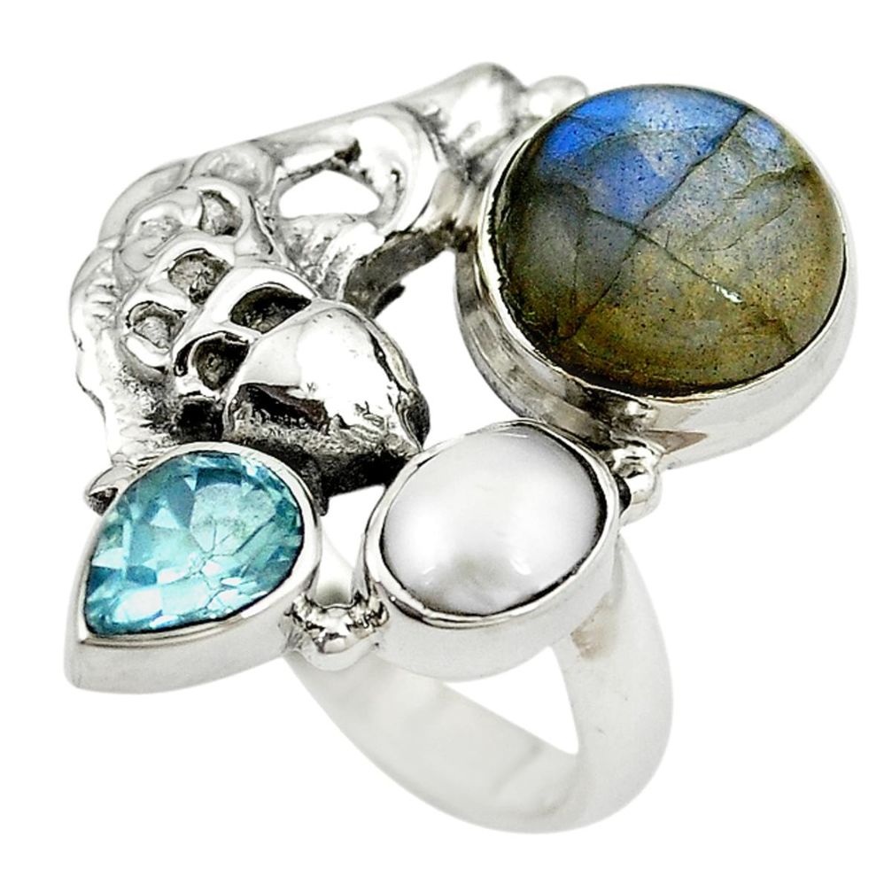 Natural blue labradorite topaz pearl 925 silver fish ring size 7 m13405