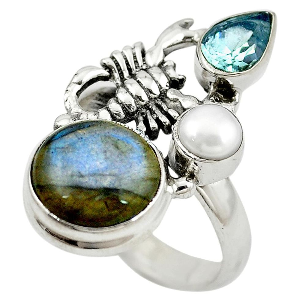 Natural blue labradorite pearl 925 silver scorpion charm ring size 7.5 m13407