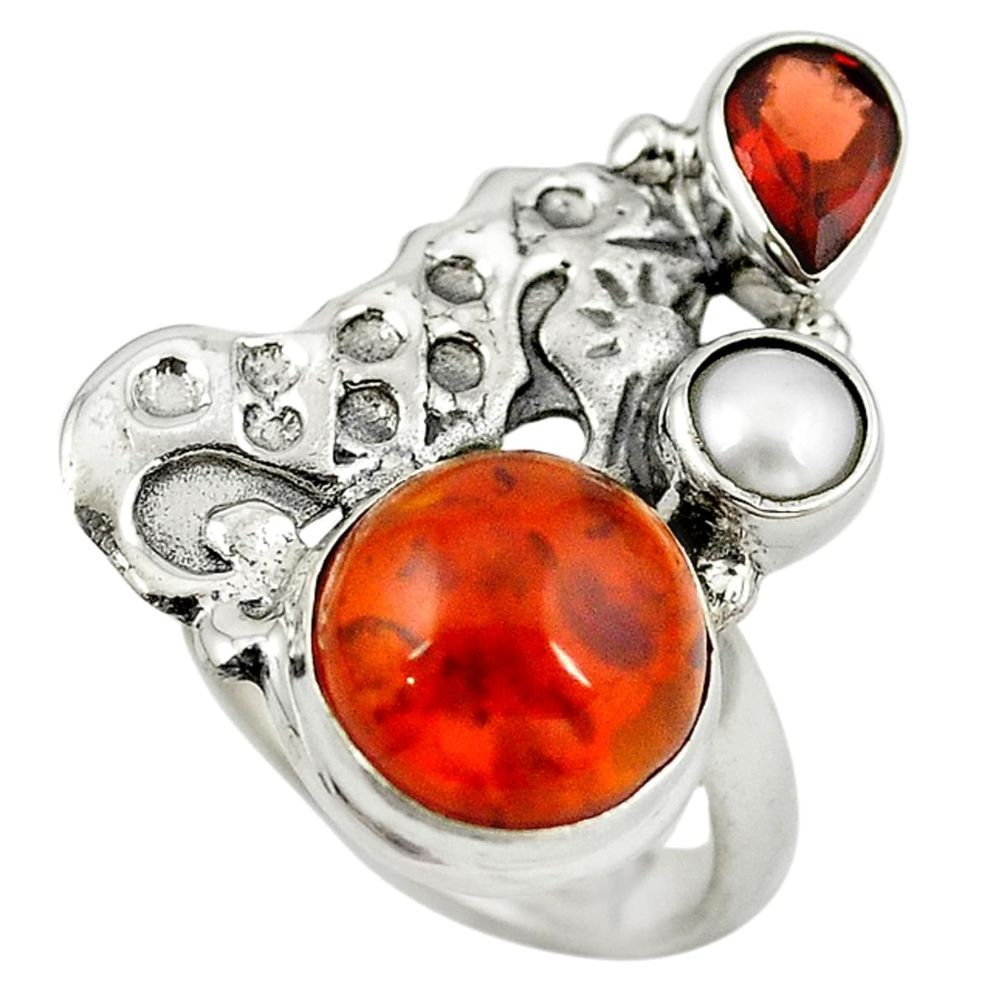 Orange amber red garnet 925 sterling silver seahorse ring size 7.5 m13423