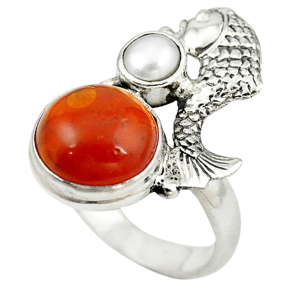Orange amber pearl 925 sterling silver fish ring jewelry size 7 m13427