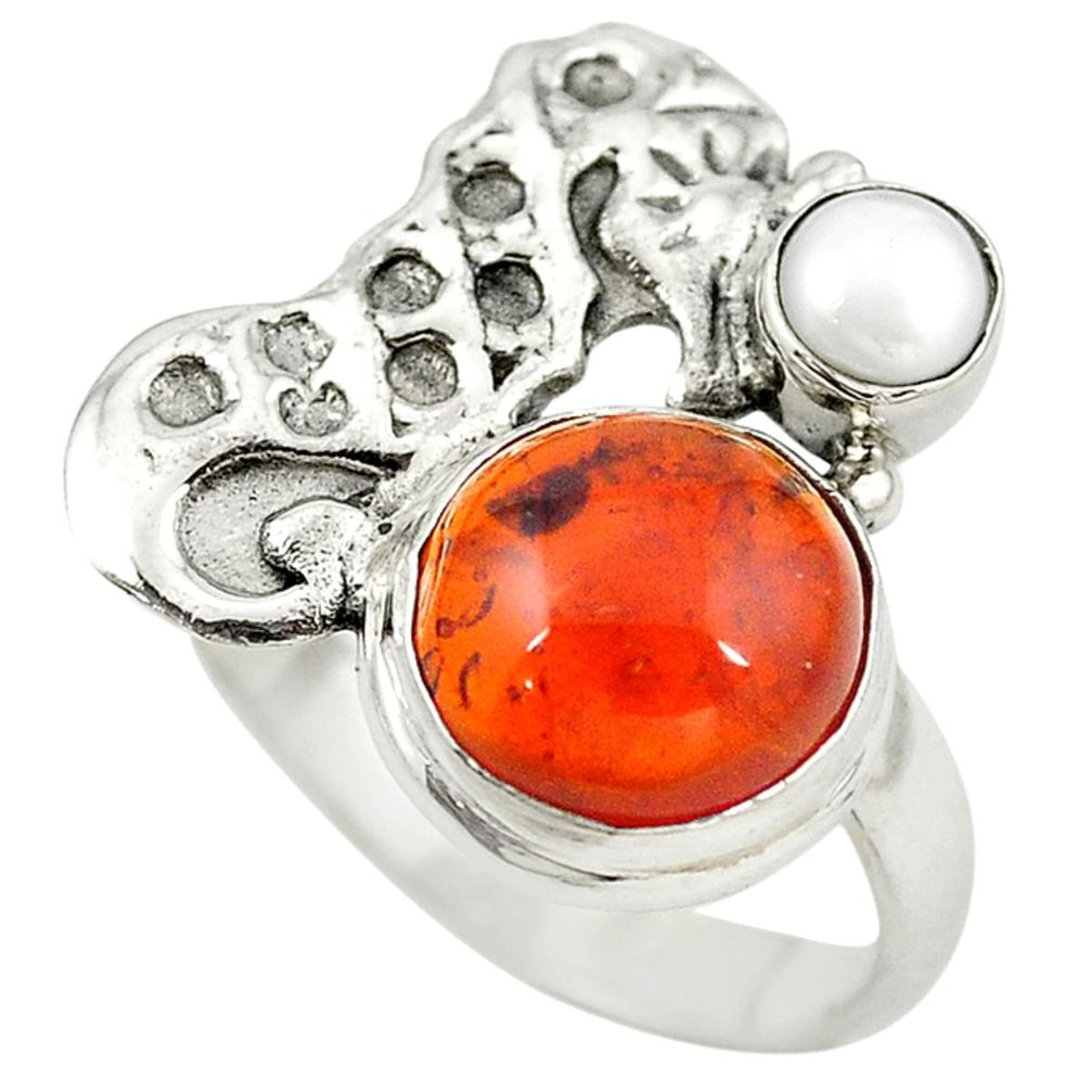 925 sterling silver orange amber white pearl seahorse ring size 8.5 m13432