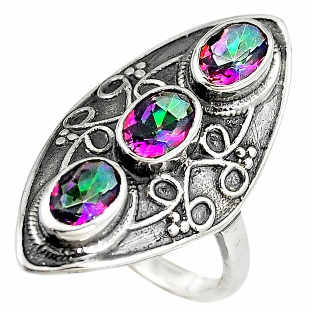 Multi color rainbow topaz 925 sterling silver three stone ring size 7.5 m15231