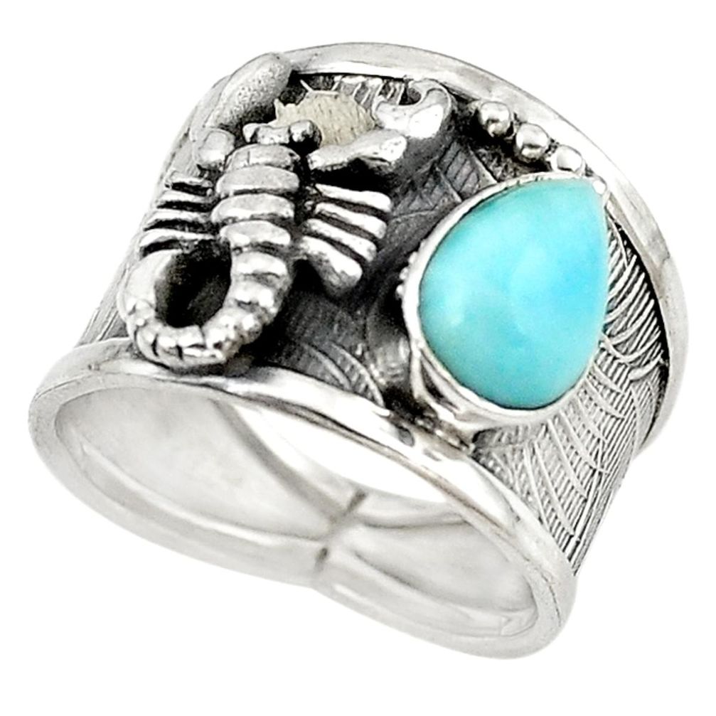 Natural blue larimar 925 silver scorpion charm ring jewelry size 7 m16160