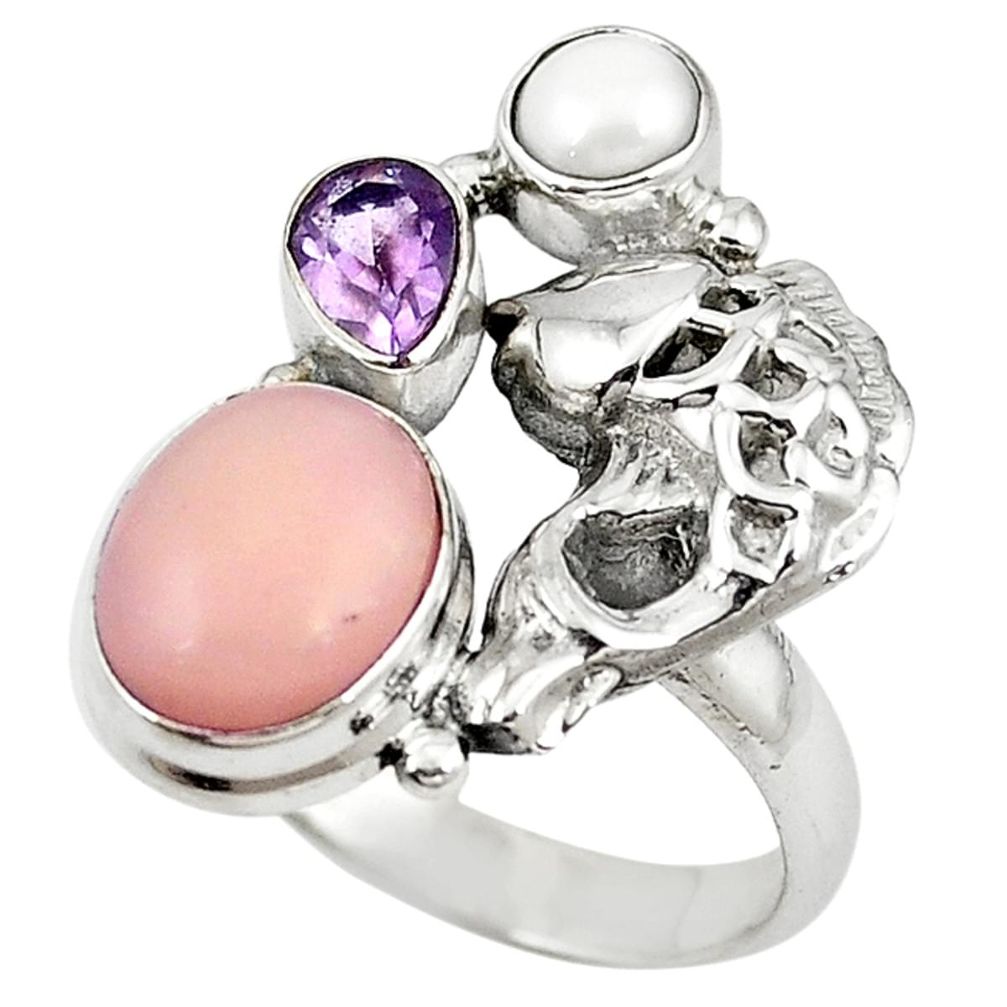 Natural pink opal amethyst 925 sterling silver fish ring size 8 m16185