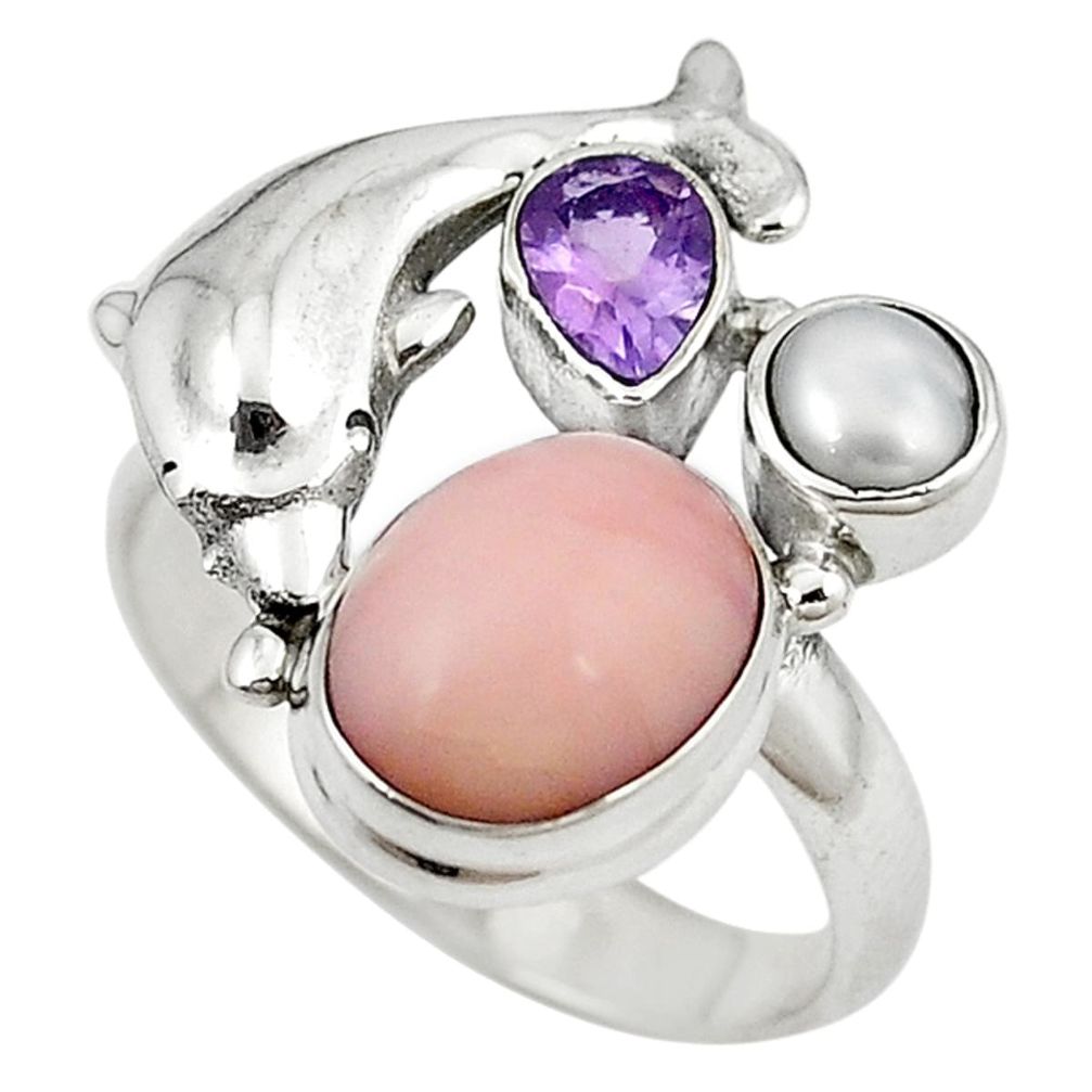 Natural pink opal amethyst pearl 925 silver dolphin ring size 8.5 m16189