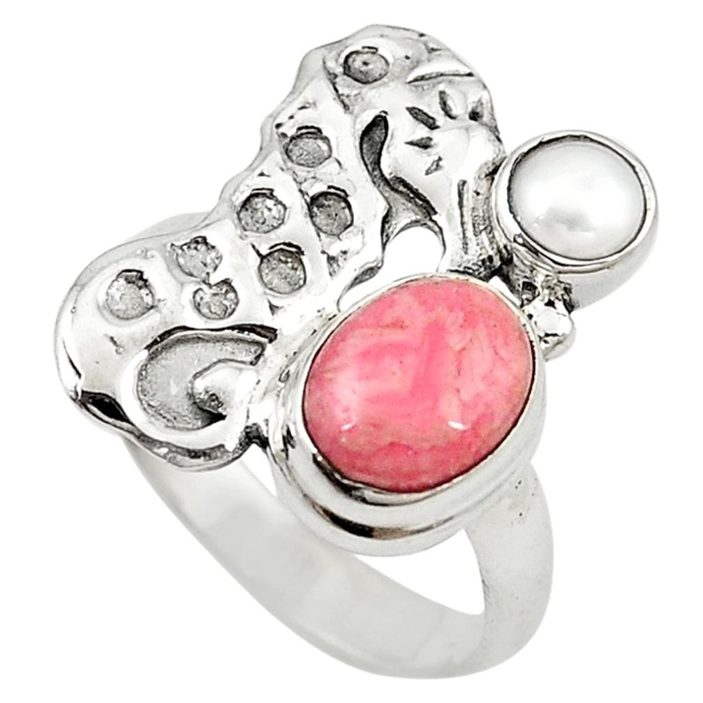 Natural pink rhodochrosite inca rose 925 silver seahorse ring size 7.5 m16215