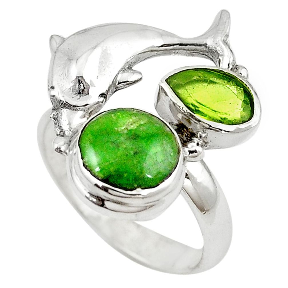 Natural green chrome diopside 925 silver dolphin ring size 7.5 m16250