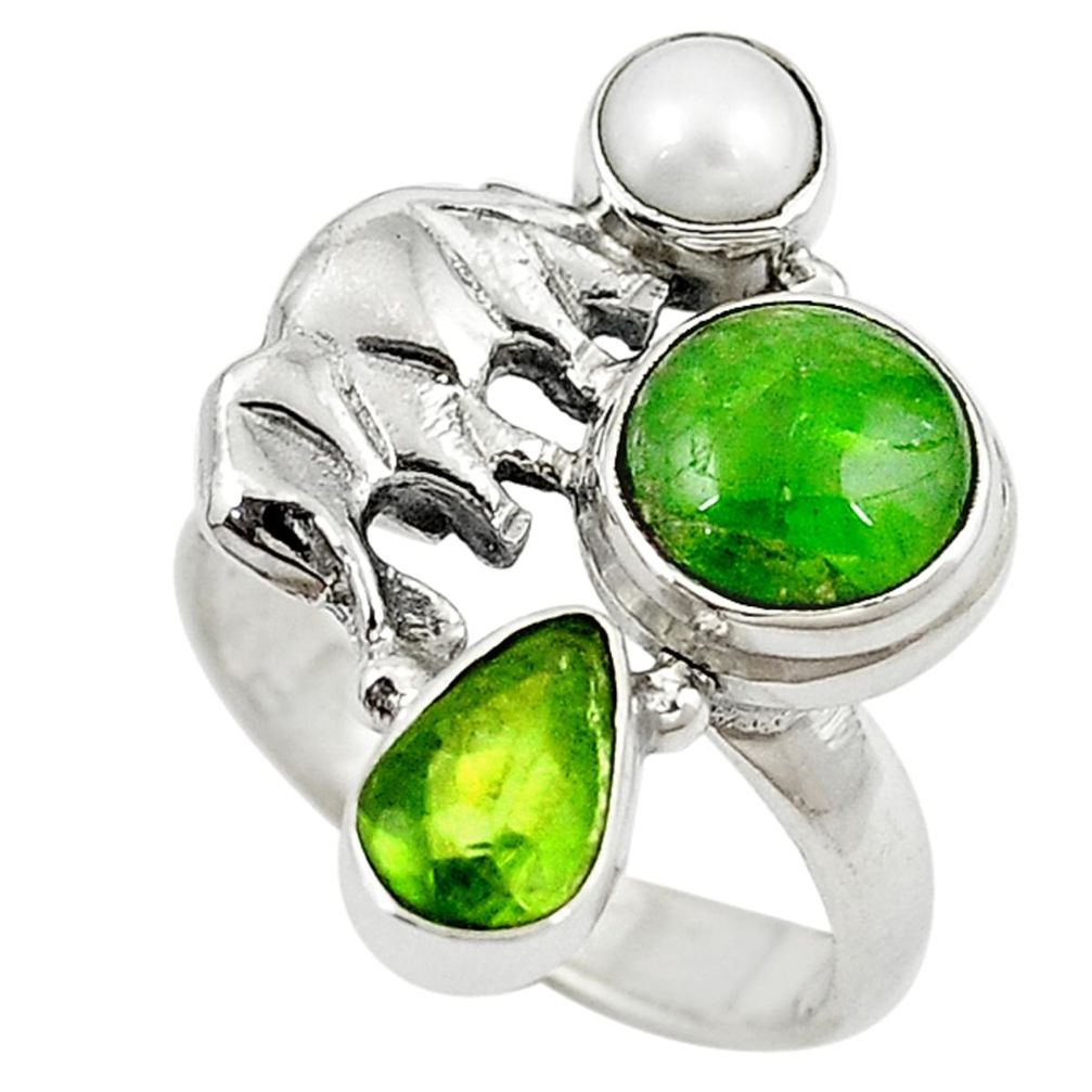 925 silver natural green chrome diopside pearl elephant ring size 7.5 m16251