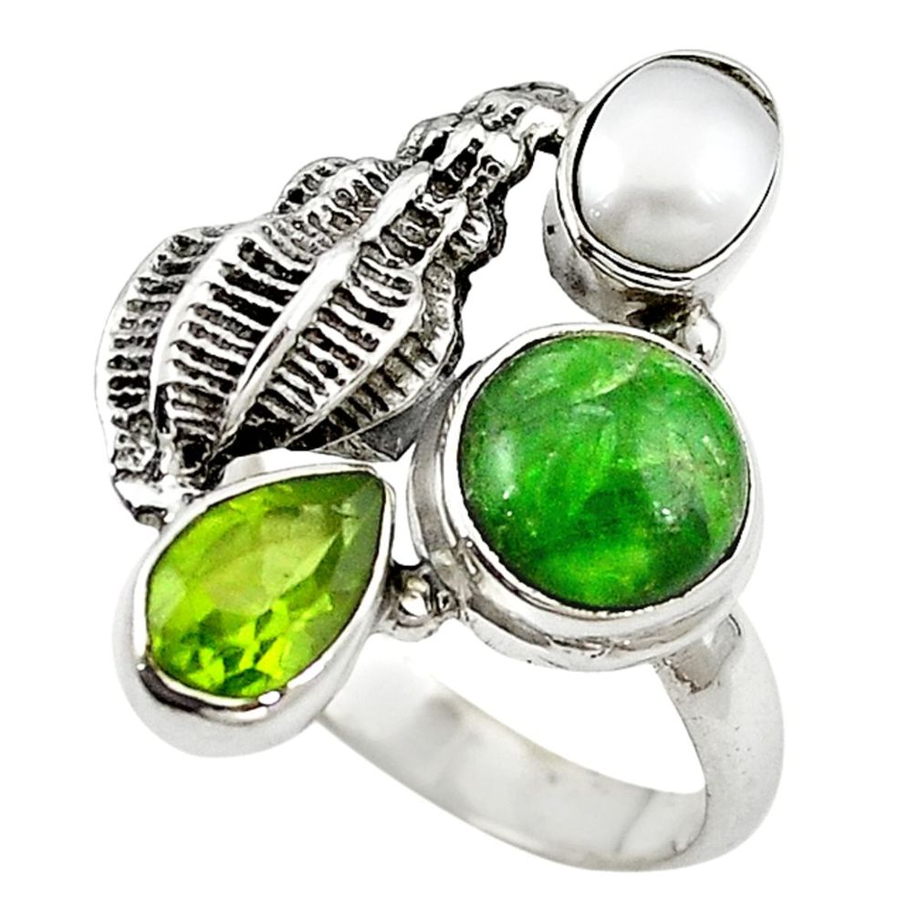925 silver natural green chrome diopside peridot pearl ring size 7 m16255