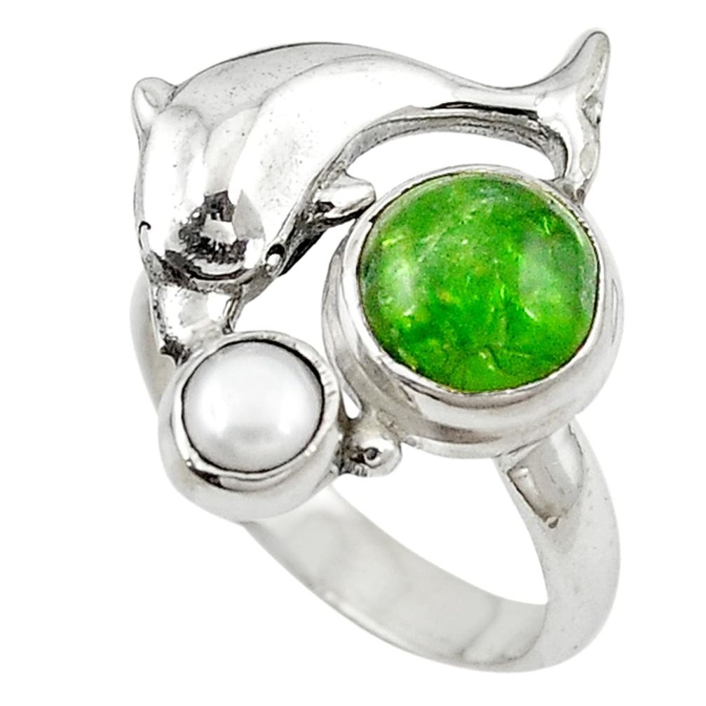 Natural green chrome diopside pearl 925 silver dolphin ring size 7 m16256