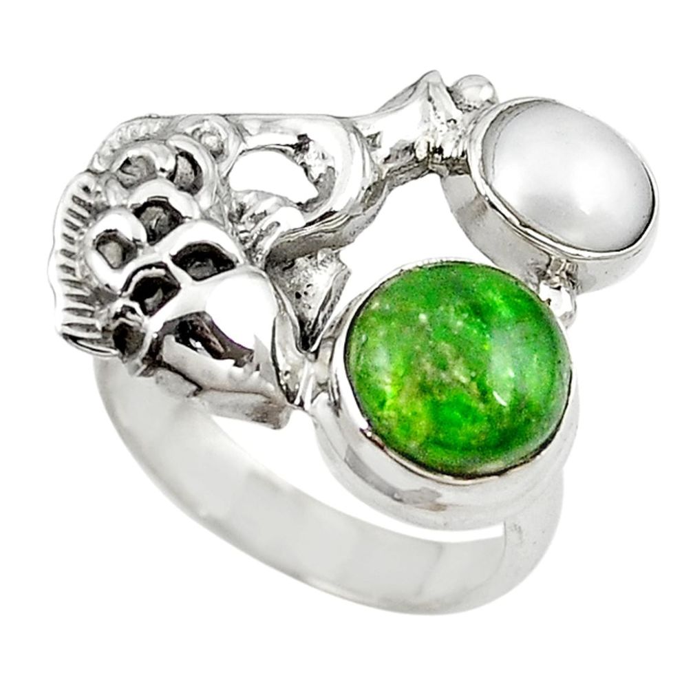 Natural green chrome diopside white pearl 925 silver fish ring size 7 m16257