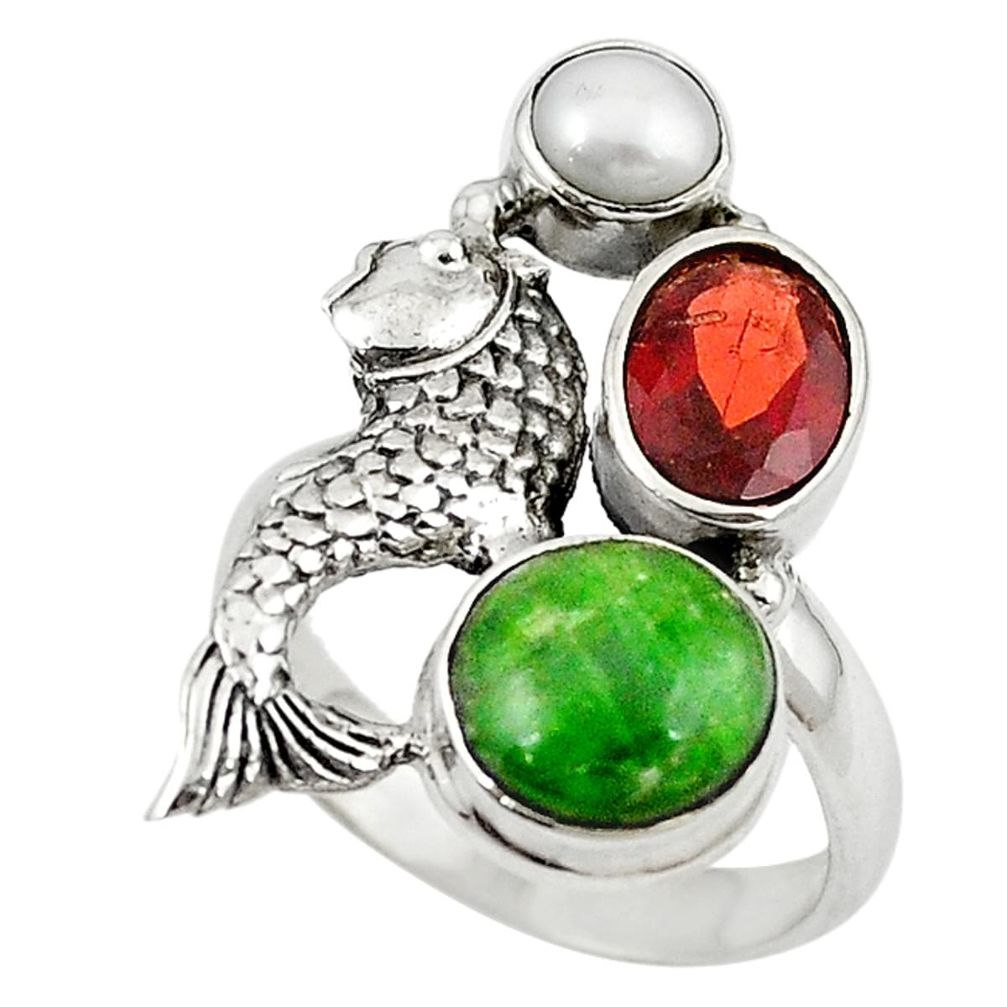 Natural green chrome diopside pearl 925 silver fish ring size 7.5 m16259