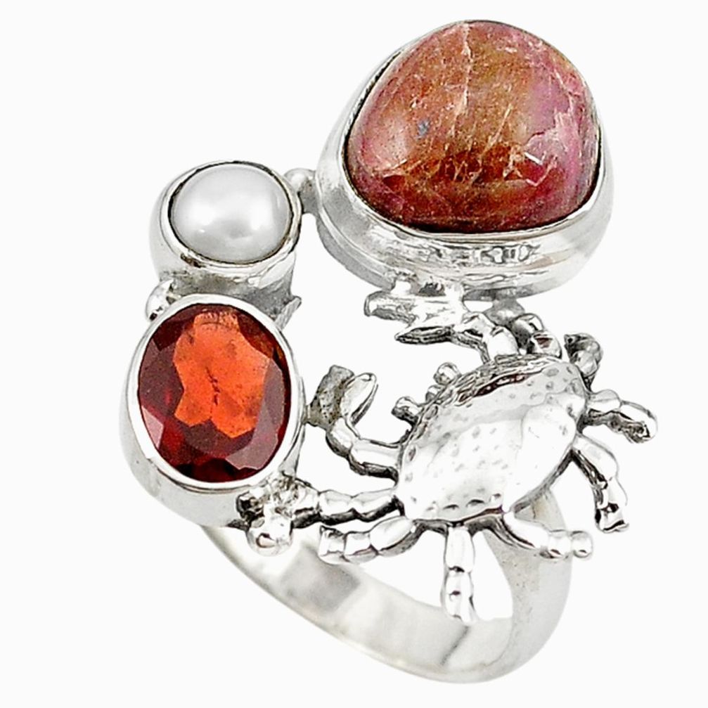 Natural pink bio tourmaline red garnet 925 silver crab ring size 8 m16283