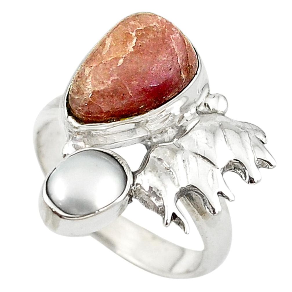 Natural pink bio tourmaline pearl 925 silver elephant ring size 7 m16290