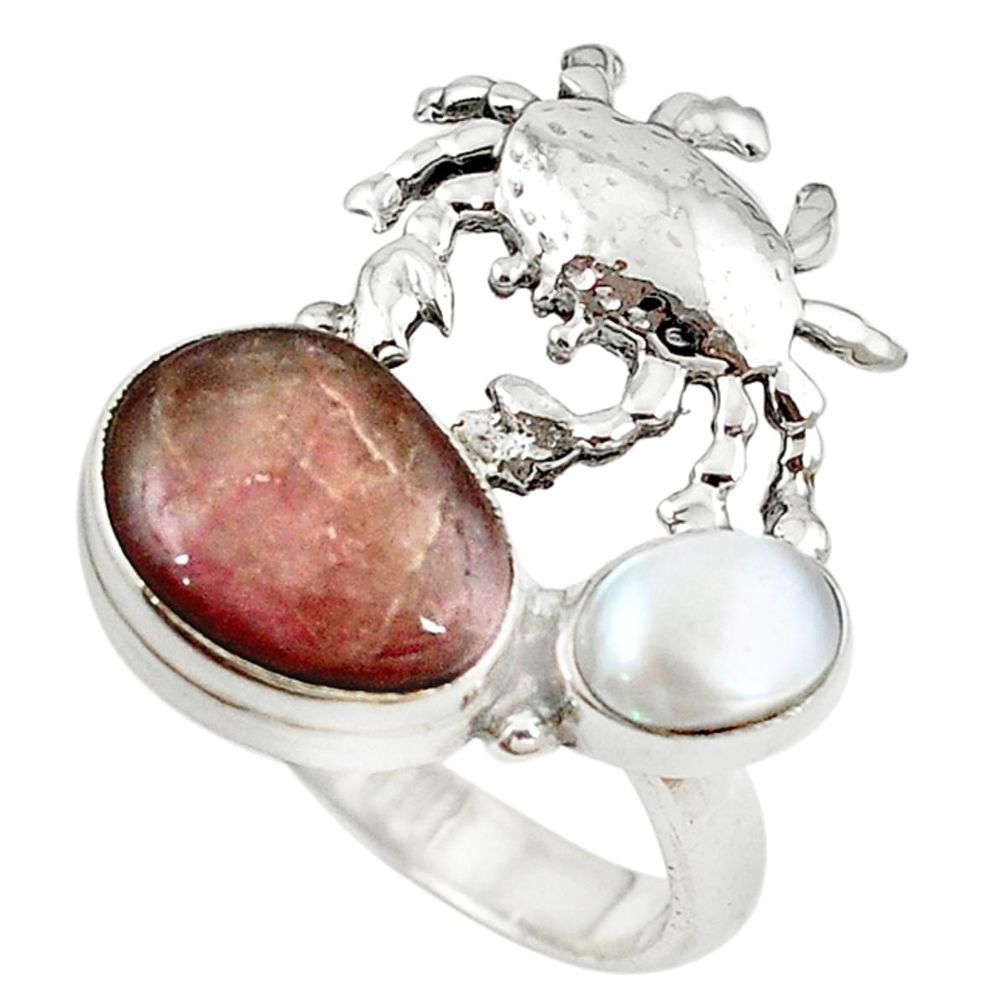Natural pink bio tourmaline pearl 925 silver crab ring jewelry size 7.5 m16292