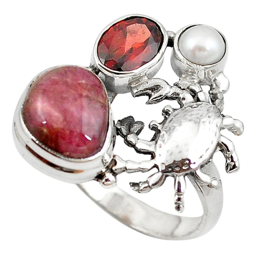 Natural pink bio tourmaline garnet 925 silver crab ring size 8.5 m16297