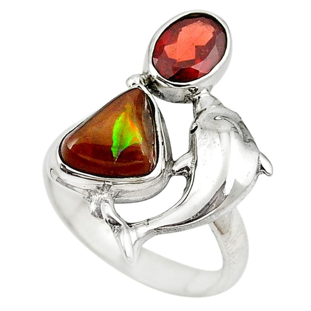 Natural multi color mexican fire agate 925 silver dolphin ring size 8 m16303