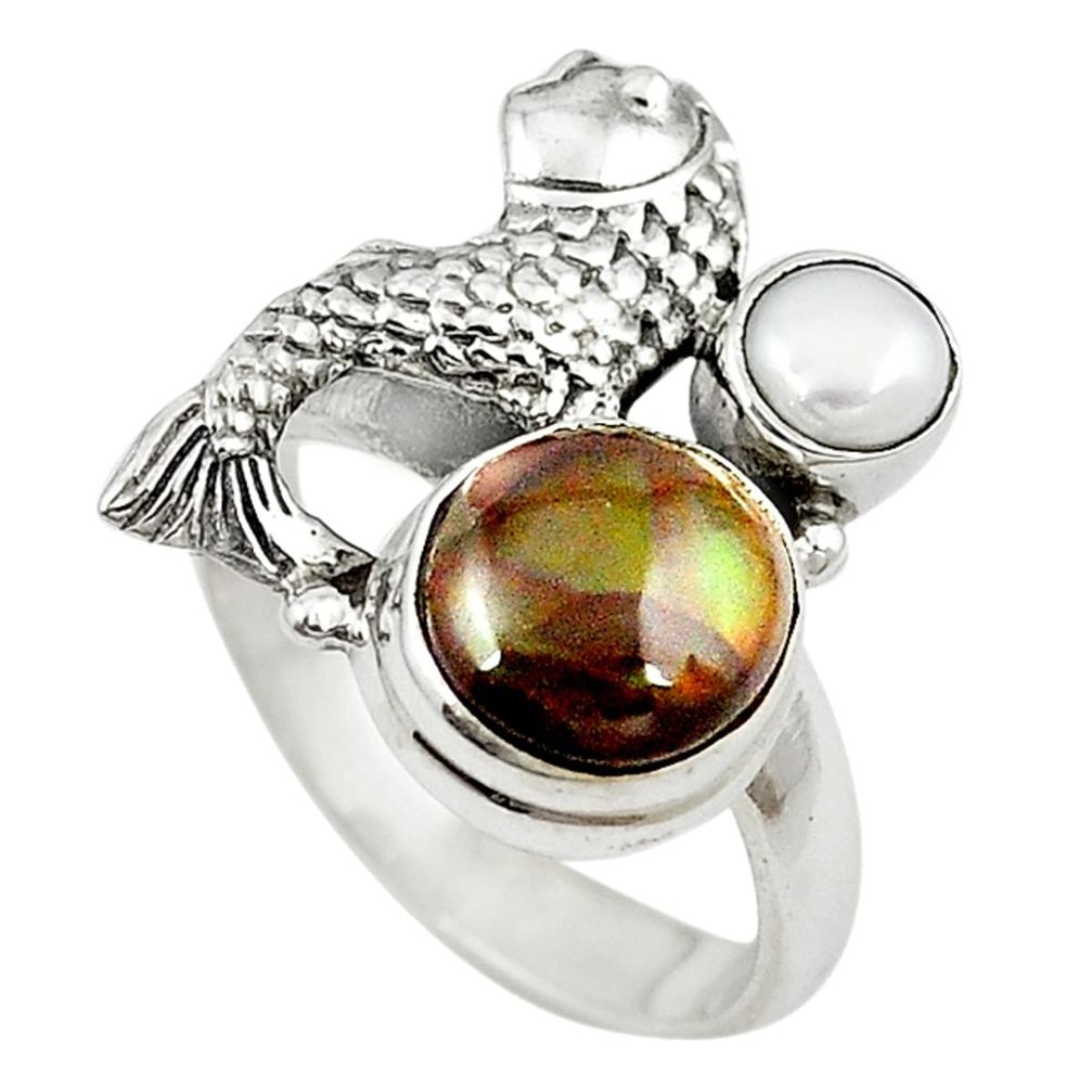 Natural multi color mexican fire agate pearl 925 silver fish ring size 7 m16315