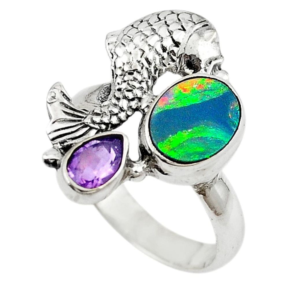 Natural blue doublet opal australian 925 silver fish ring size 7.5 m16321
