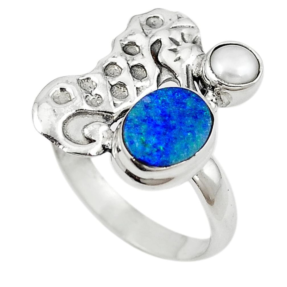 Natural blue doublet opal australian 925 silver seahorse ring size 8.5 m16327