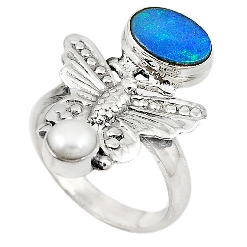 Natural blue doublet opal australian 925 silver butterfly ring size 7.5 m16335