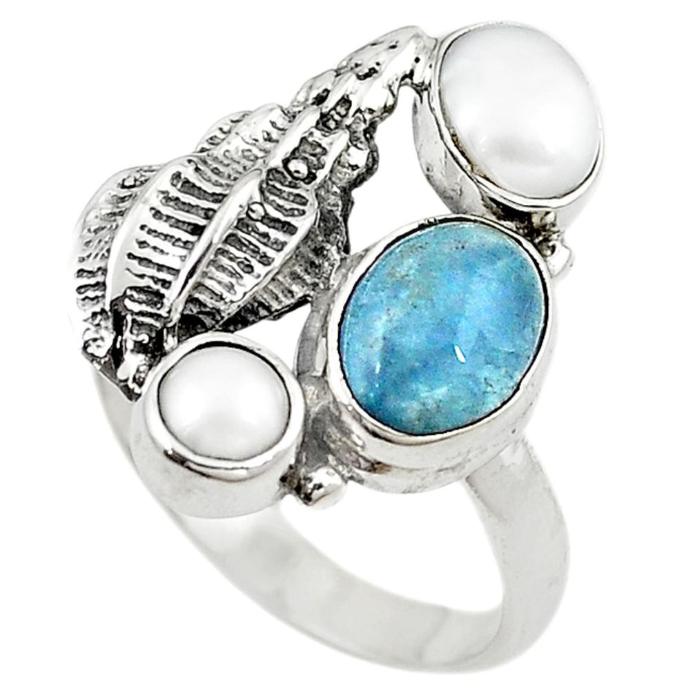 Natural blue aquamarine white pearl 925 sterling silver ring size 8 m16376