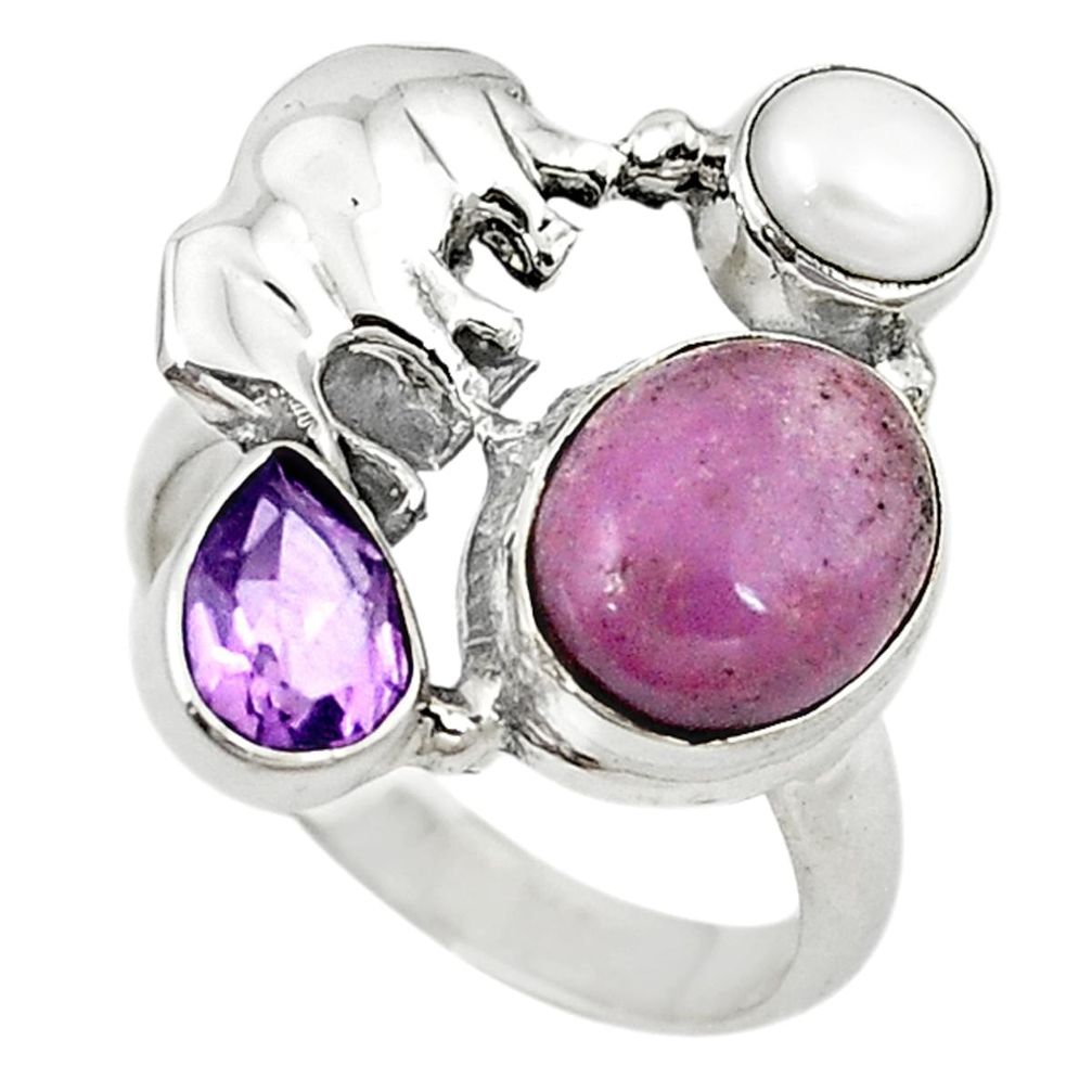 Natural purple phosphosiderite pearl 925 silver elephant ring size 7 m16377