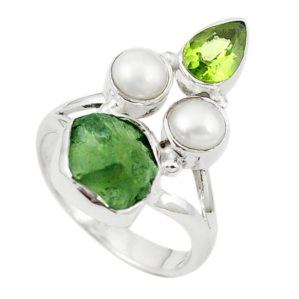 Natural green moldavite (genuine czech) peridot 925 silver ring size 7.5 m16587