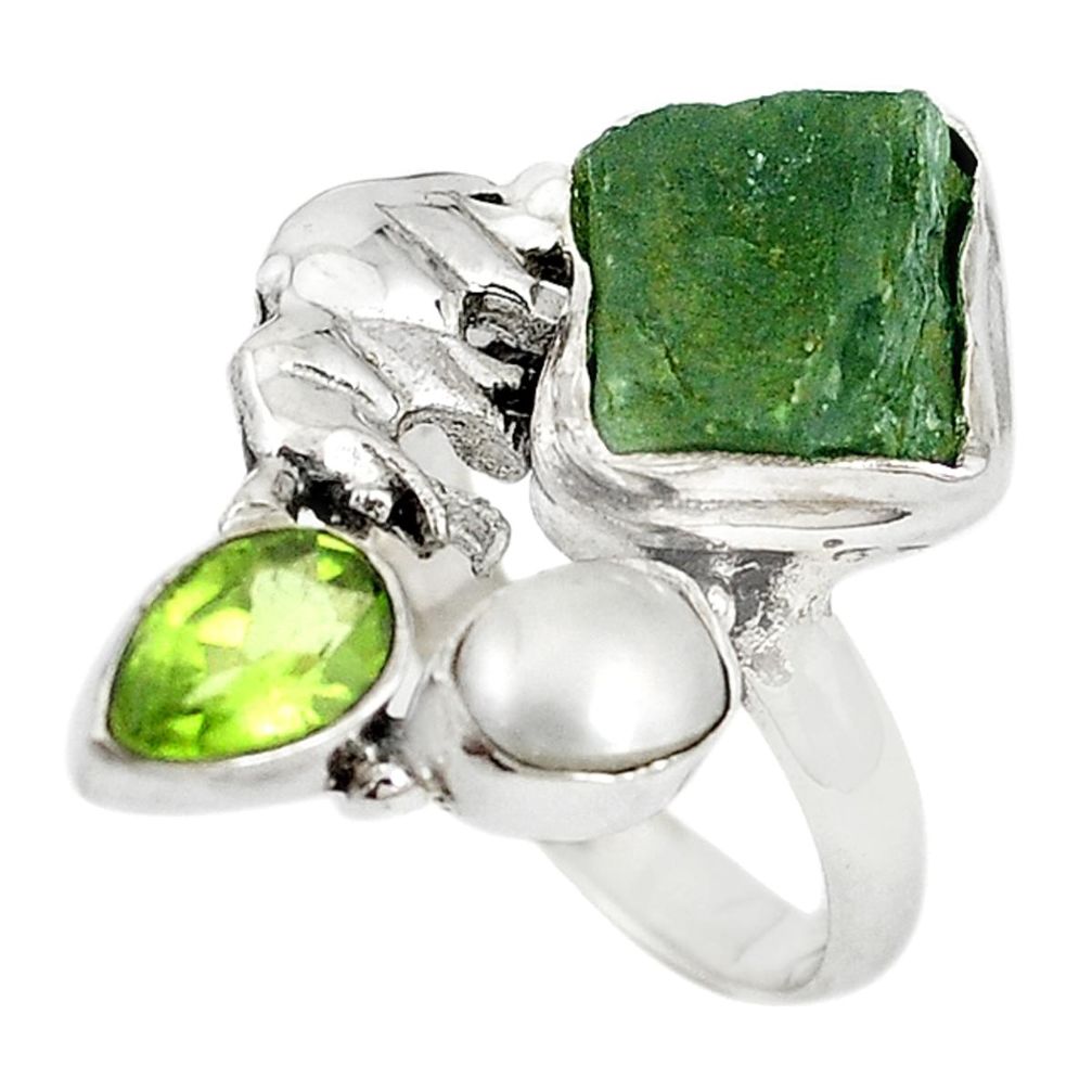 Natural green moldavite (genuine czech) 925 silver elephant ring size 7.5 m16678