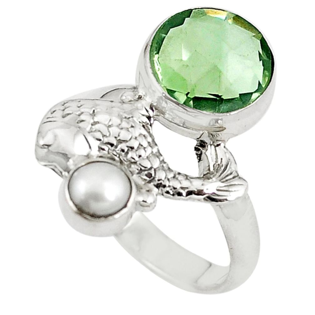 Natural green amethyst pearl 925 sterling silver fish ring size 8 m16803