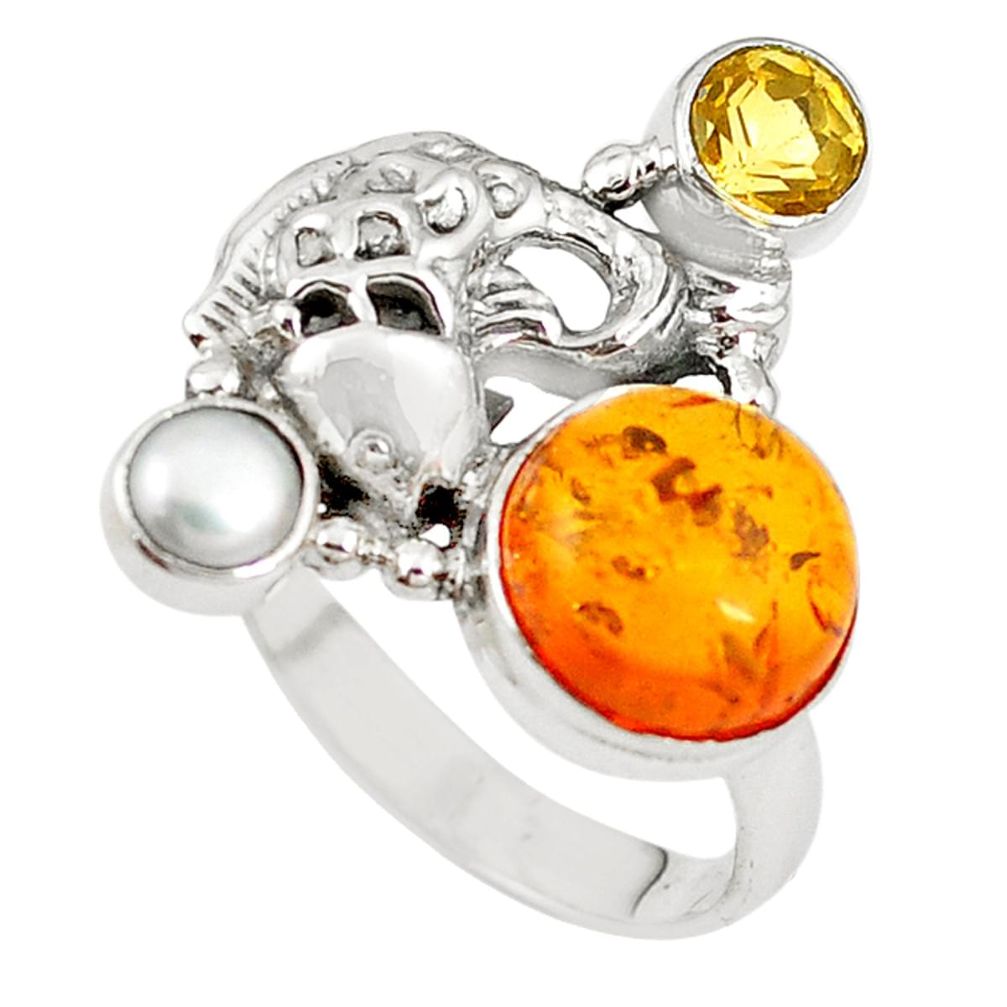 Orange amber citrine 925 sterling silver fish ring jewelry size 8 m16804