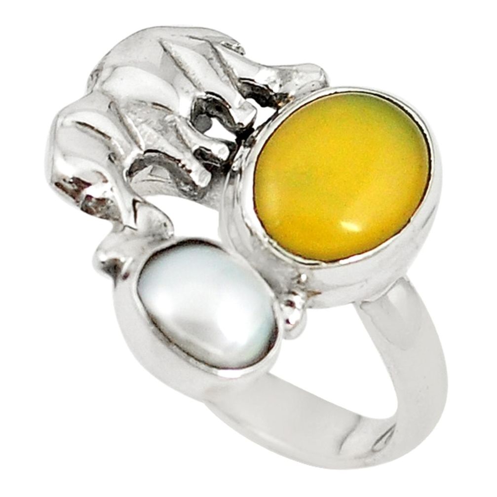 Natural yellow opal white pearl 925 silver elephant ring size 6 m16813