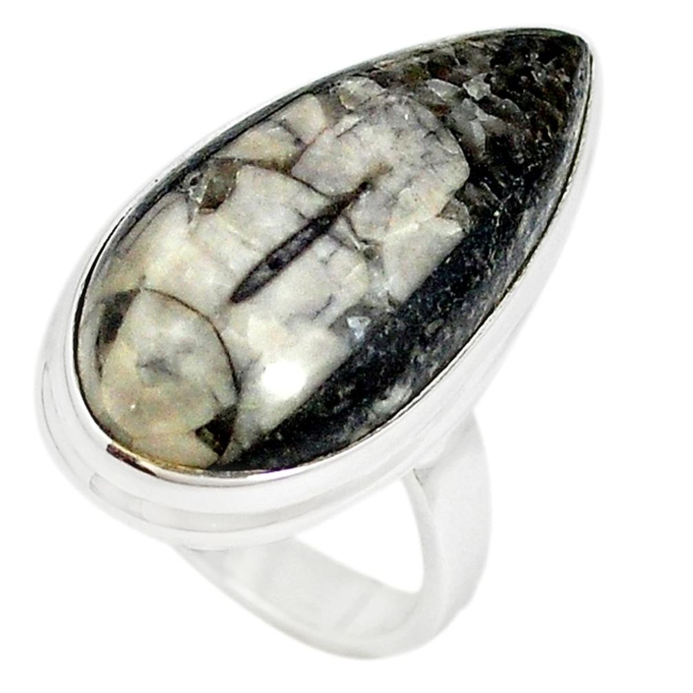 Natural black orthoceras 925 sterling silver ring jewelry size 7 m18116