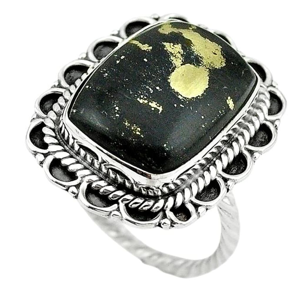 Clearance Sale-Natural golden pyrite in magnetite (healer's gold) 925 silver ring size 7 m1814