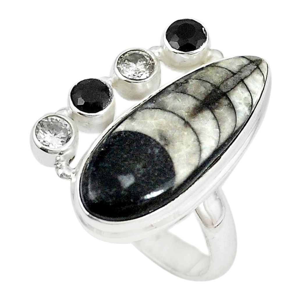 Natural black orthoceras onyx 925 sterling silver ring size 6.5 m18427