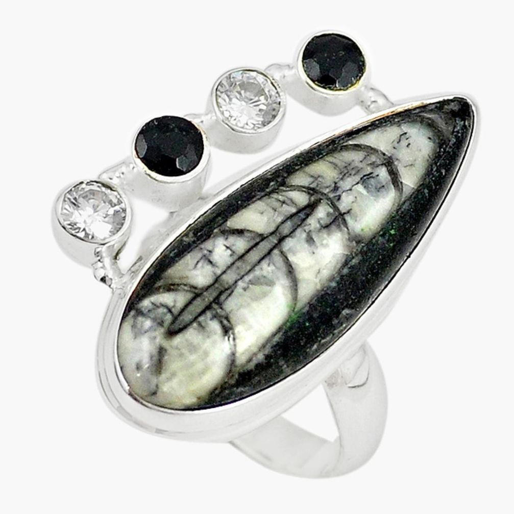 Natural black orthoceras onyx 925 sterling silver ring size 8 m18436