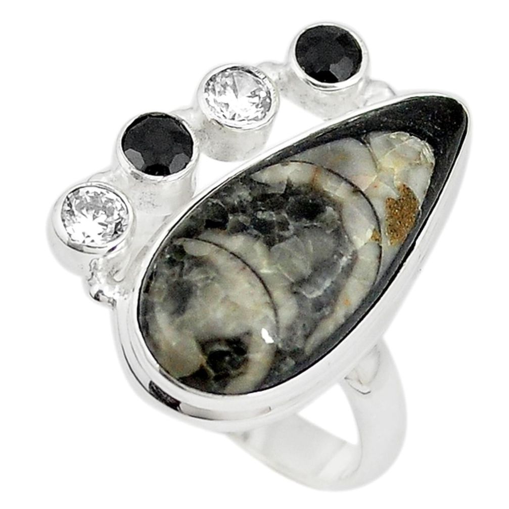 Natural black orthoceras pear onyx 925 sterling silver ring size 8 m18446