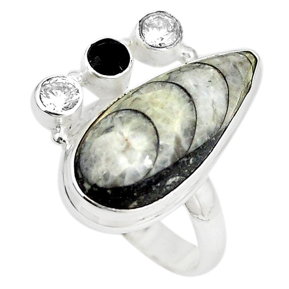 Natural black orthoceras onyx 925 sterling silver ring size 8 m18450