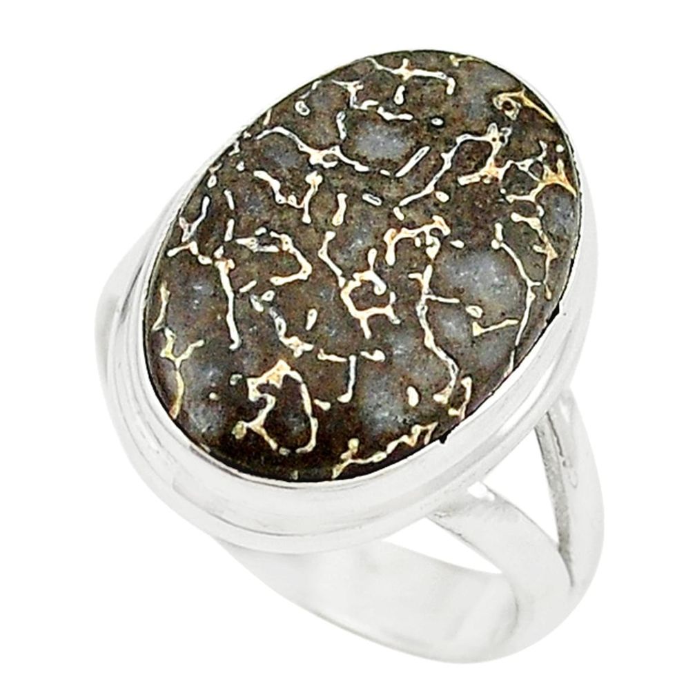 Natural brown dinosaur bone fossilized 925 sterling silver ring size 7.5 m18563