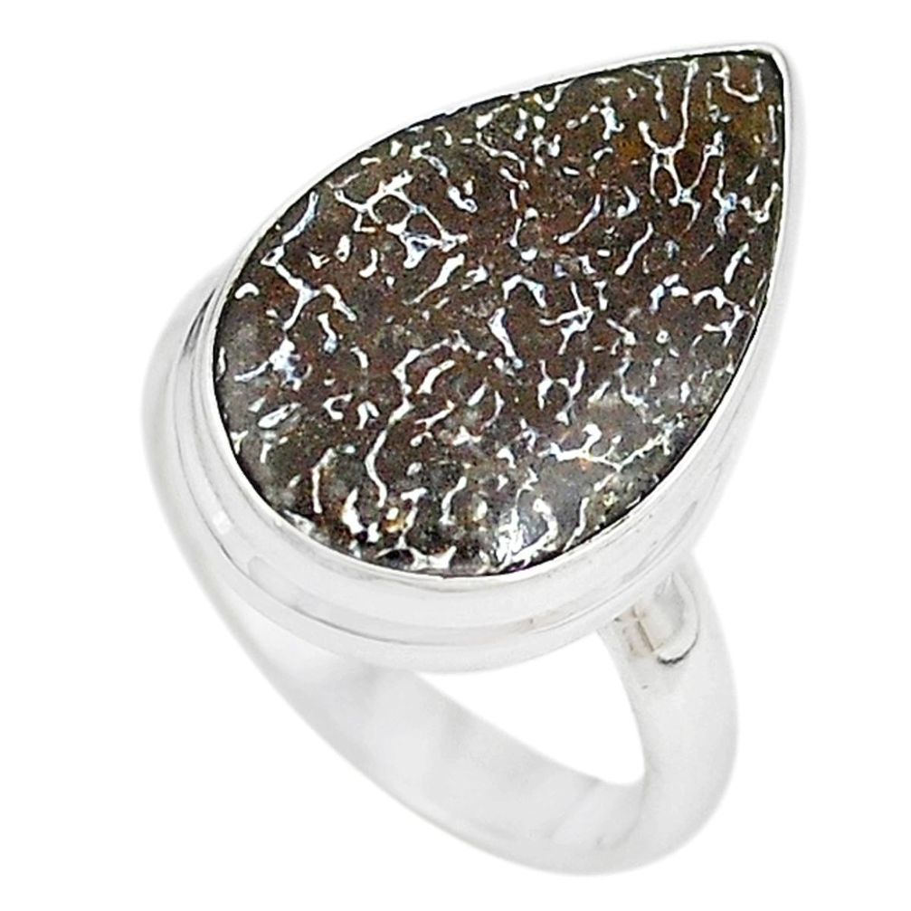 Natural brown dinosaur bone fossilized 925 silver ring size 8 m18581