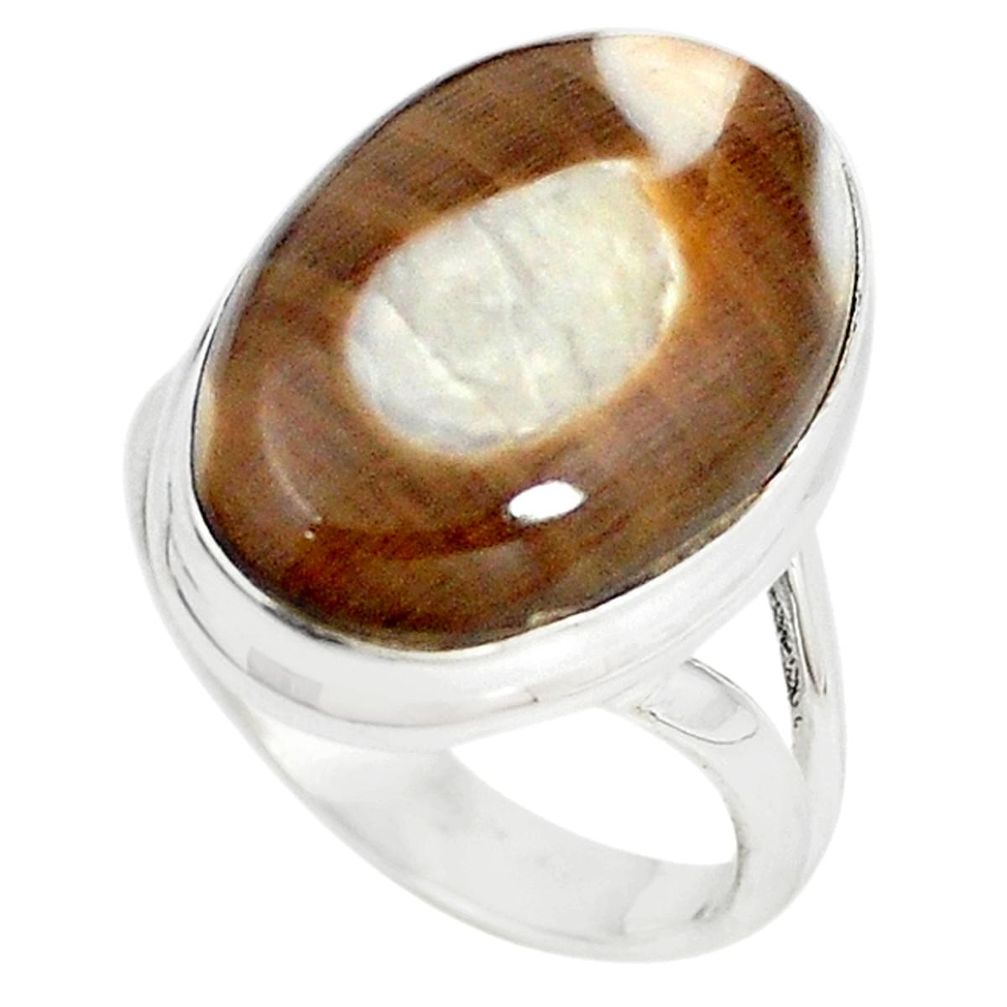 Natural brown peanut petrified wood fossil 925 silver ring size 8 m18604