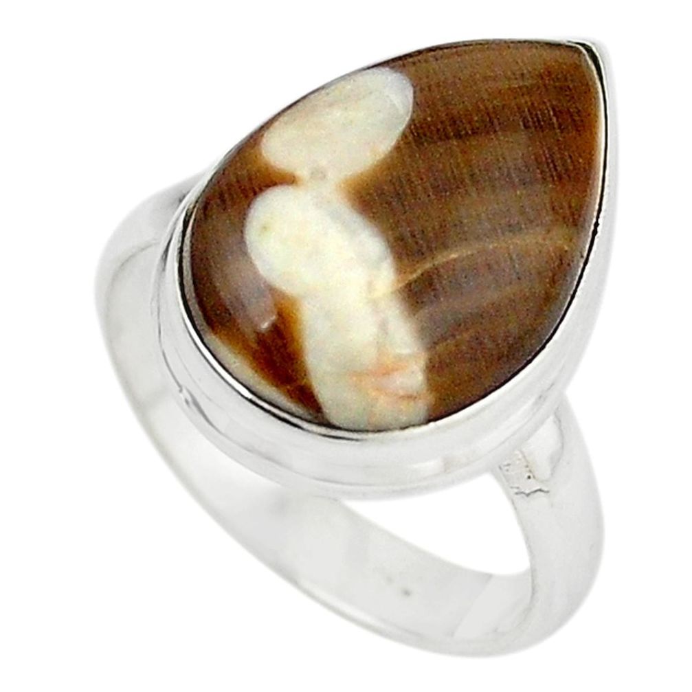 Natural brown peanut petrified wood fossil 925 silver ring jewelry size 8 m18647