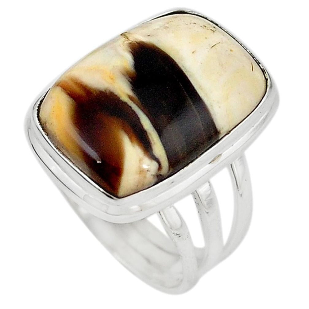 Natural brown peanut petrified wood fossil 925 silver ring size 7.5 m18652