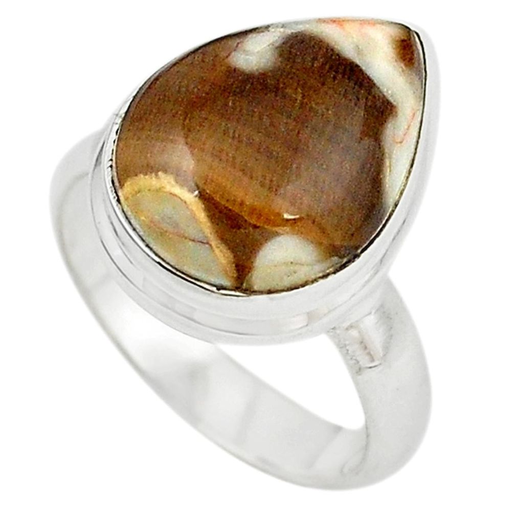 Natural brown peanut petrified wood fossil 925 silver ring size 7 m18653