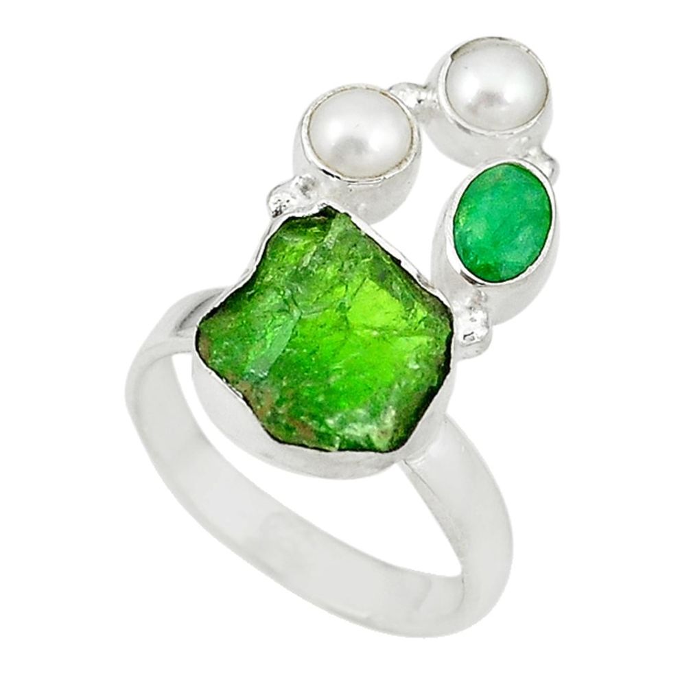 925 silver green chrome diopside rough emerald pearl ring size 7.5 m18971